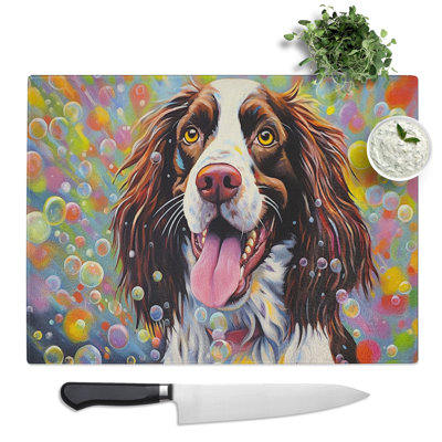 English Springer Spaniel Bubbles  Glass Chopping Board