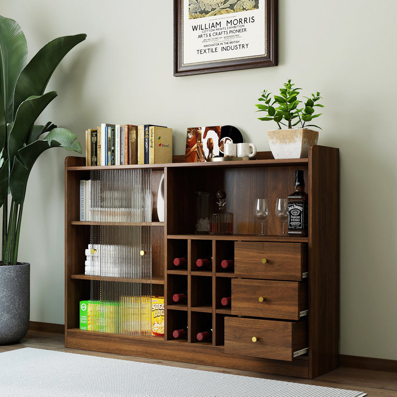 Buffet avec 2 portes coulissantes en verre rayé, armoire de rangement autoportante pour le vin, les livres ou les articles de bar, vitrine minimaliste moderne pour le salon, la cuisine ou le bureau