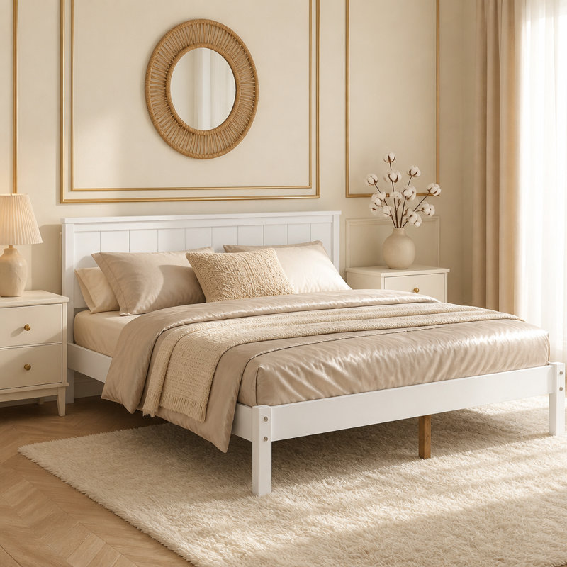Base de lit plateforme avec tête de lit, Double, Blanc