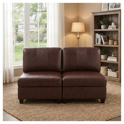 Canapé modulaire en cuir synthétique brun foncé 2 places avec rangement sous le siège et configuration convertible