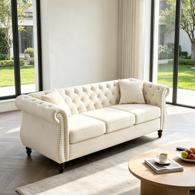 Chesterfield Velvet 3-Seater Sofa with Nailhead Trim Solid Wood Frame