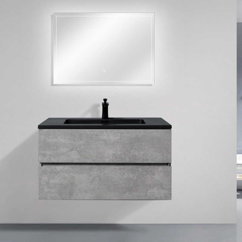 36 po Meuble-lavabo mural flottant avec comptoir simple en quartz noir gris, 36"
