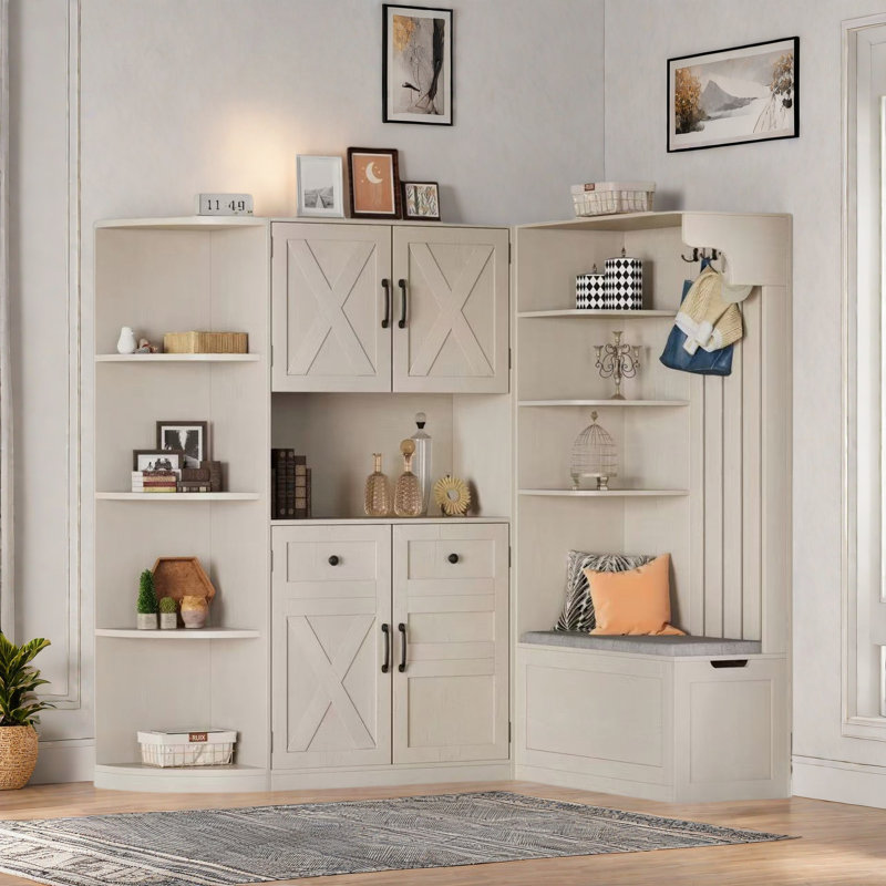 2 In 1 Multifunctional Left-right Combination Hall Tree With Open Shelving Areas, Cabinets, Flip Hidden Shelf And 4 Hooks