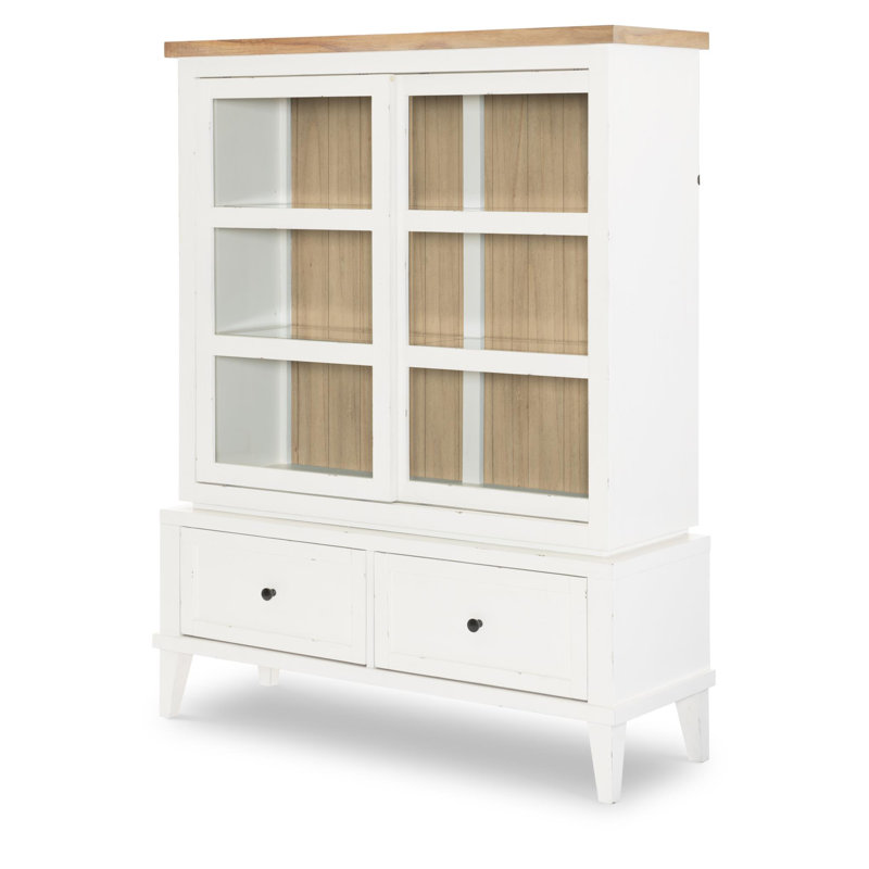 Display Cabinet (Reversible Back Panel, 2 Sliding Doors, 2 Glass Shelves, 2 Puck Lights, 2 Drawers), White/Tan