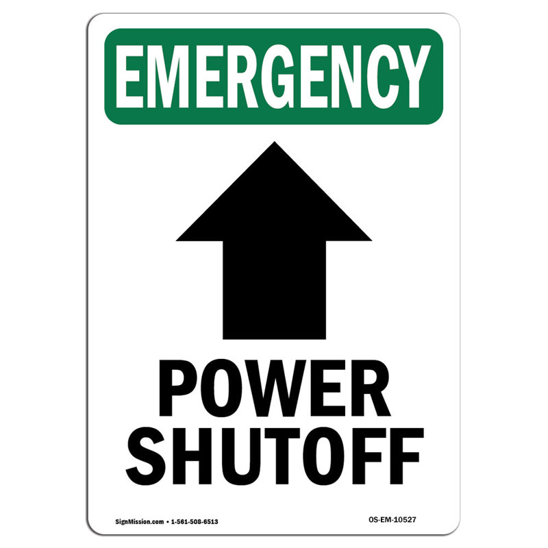 Signe Power Shutoff [flèche vers le haut], H 18 po x l 12 po x P 0,1 po