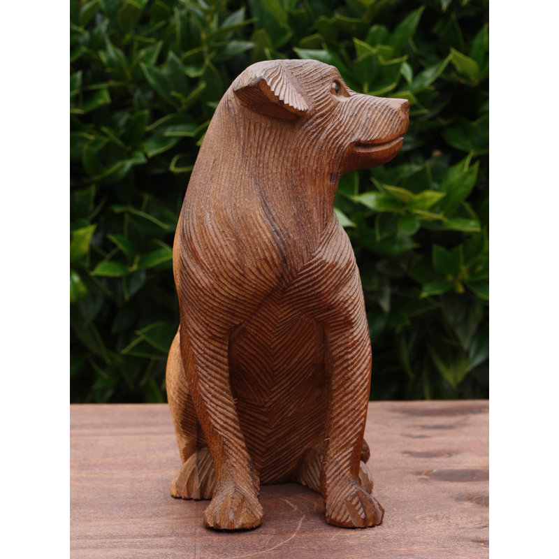 8" Wooden Hand Carved Sitting Dog Figurine Sculpture Statue Art Decorative Home Decor Accent Lodge Handmade Handcrafted Decoration