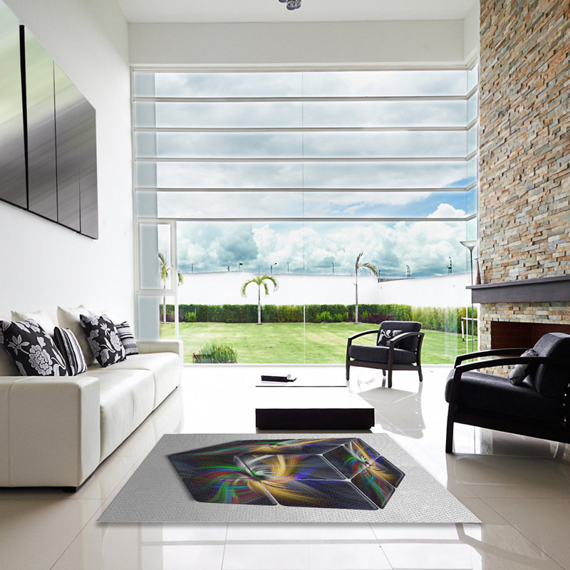 Tapis bleu/gris/zone noire à motifs, Carré 6 pi
