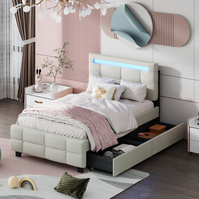Lit plateforme simple tapissier avec structure à DEL et 2 tiroirs, tissu de lin, beige
