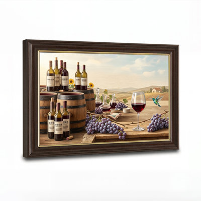 Bouteilles de vin, barils en bois, raisins violets, vignoble : tableau sur toile