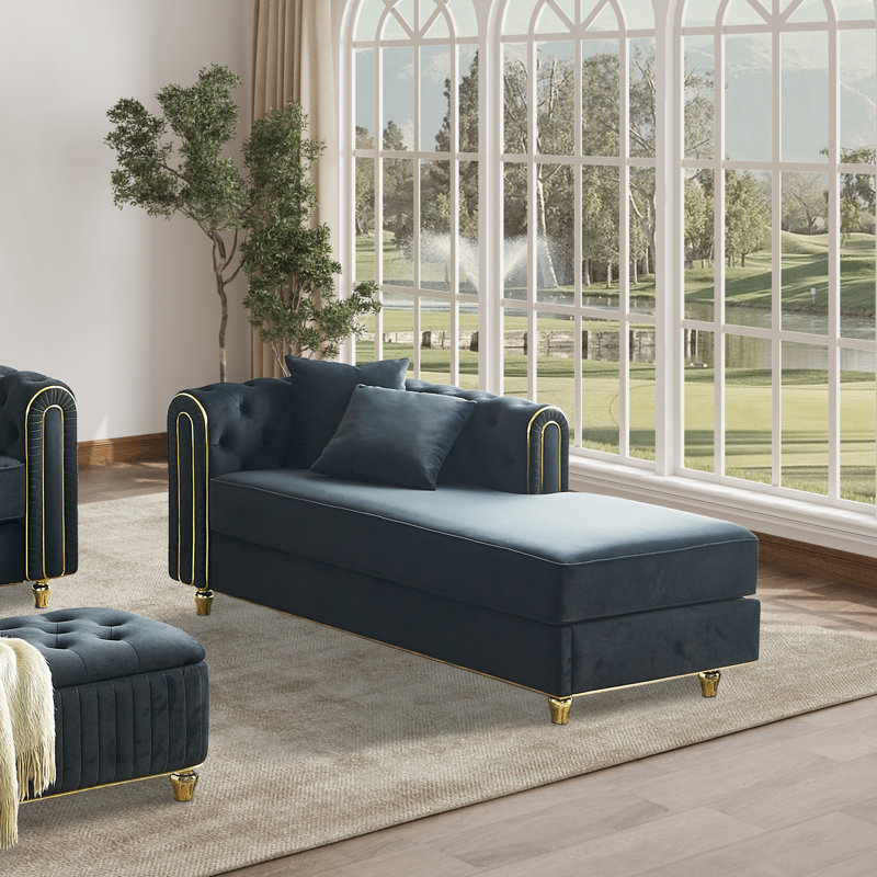 Chaise longue en velours capitonnée avec coussins de siège amovibles et deux coussins, Noir, noir, noir, noir