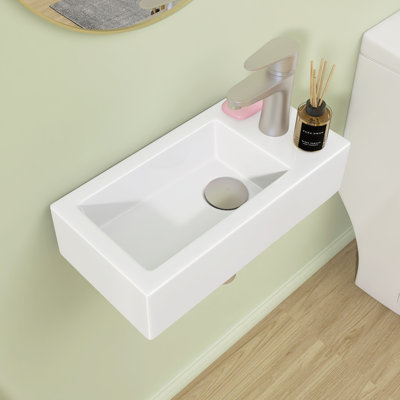 Petit lavabo de salle de bain mural en céramique 14,56 "x P 7,63" avec lavabo vasque flottant rectangulaire blanc avec trou pour le robinet à droite