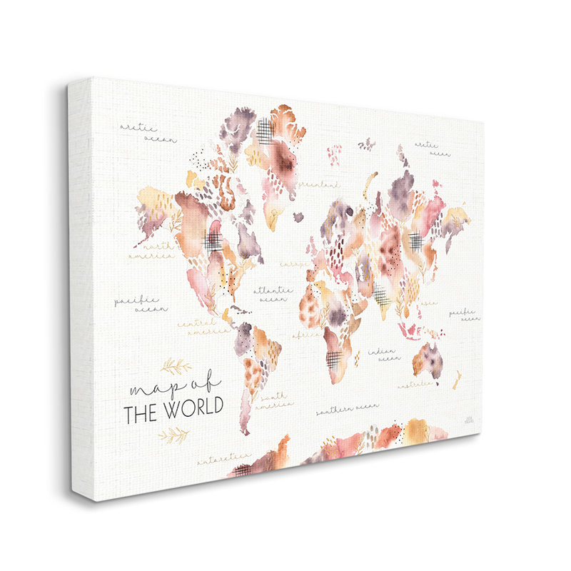 Carte du monde à fleurs abstraites ca-471, Toile tendue, H 30 po x l 40 po x 1,5 po