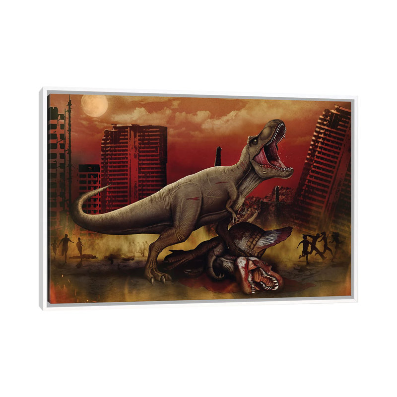 T-Rex Defeating A Spinosaurus Dinosaur In Battle by Aram Papazyan - Graphic Art on Canvas, White Framed