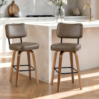 Set of 2 26" Swivel Counter Height Bar Stools, Faux Leather Upholstered Kitchen Counter Stools with Back Bentwood Legs