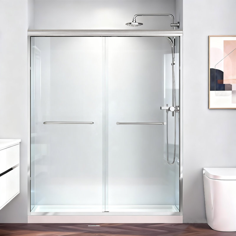56-60 In. W X 72 In. H Semi-Frameless Sliding Shower Door In Brushed Nickel With 1/4 In. Thick Tempered Glass, Brushed Nickel