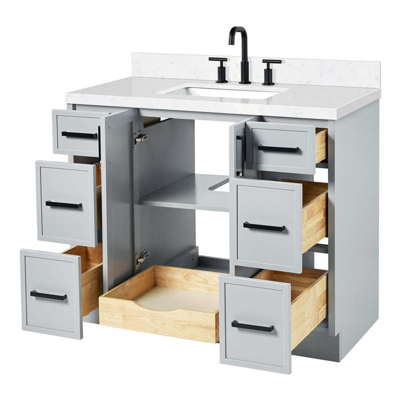 Ariel Kelly 42 Inch Single Rectangular Sink Bathroom Vanity With Carrara Quartz Countertop, Gray