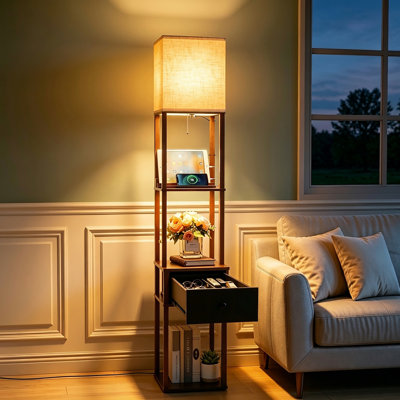 Lampe sur pied de 161 cm de haut avec étagères et tiroir, lampe sur pied à 3 températures de couleur avec ports de chargement USB-A et USB-C, lampe sur pied décorative et pratique pour salon, chambre ou bureau.