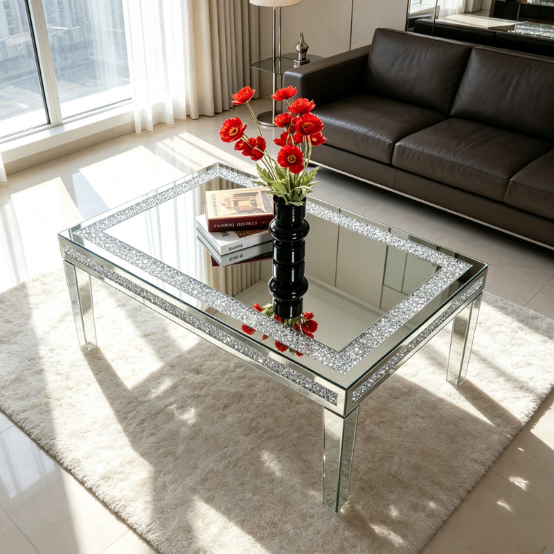  Glass Coffee Table Diamonds Mirrored Top Center Table 60x90cm