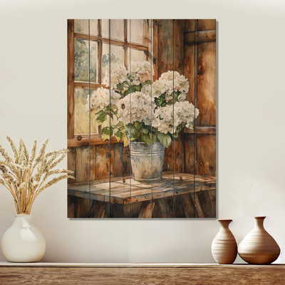 Hydrangeas On The Barn Table III - Hydrangea Wood Wall Decor - On Natural Pine Wood