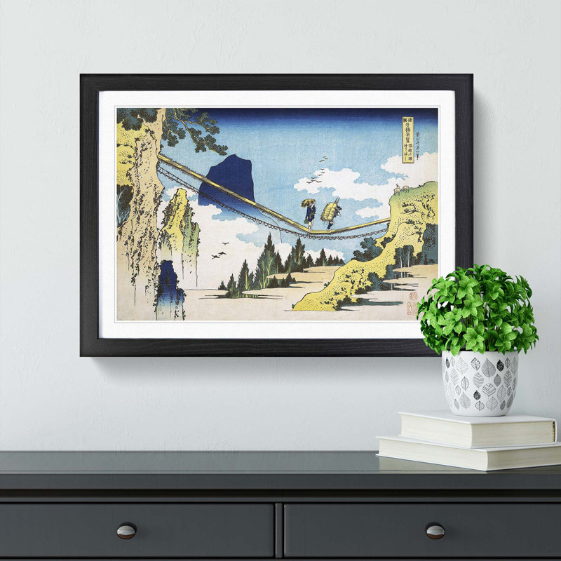 The Suspension Bridge by Katsushika Hokusai - Picture Frame Painting Print, Black Framed, 48cm H x 65cm W x 2cm D