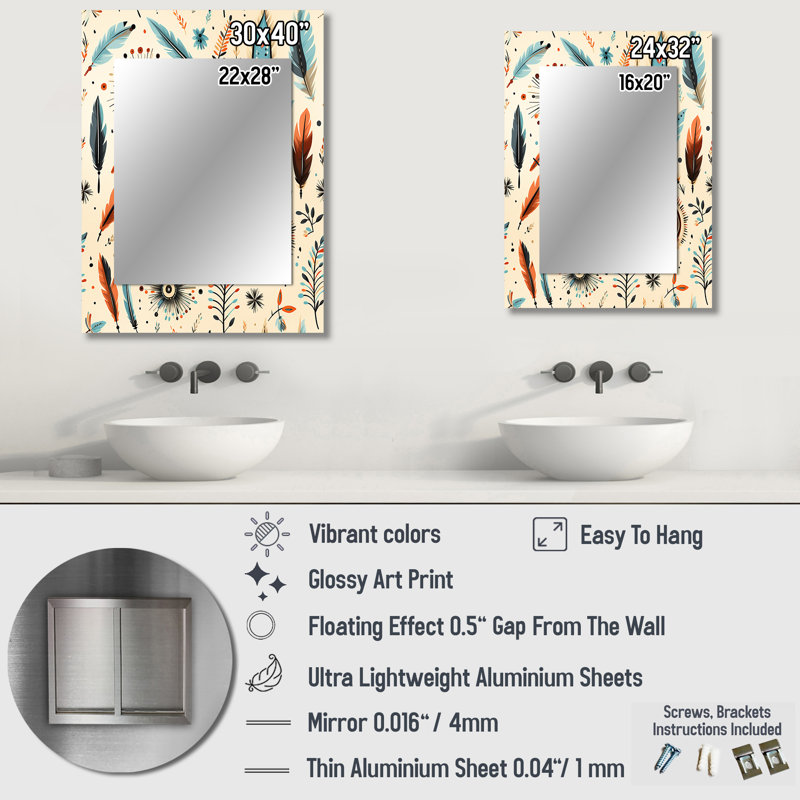 Veney Beige Vintage Nomad Ii Boho Pattern - boho  Unique Wall Mirror, Boho Mirror, Printed Metal Art, 40" x 30"