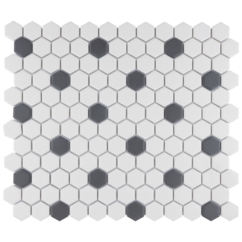 Gotham 1" Hex White with Black Dot 10-1/4" x 11-7/8" Porcelain Mosaic Tile