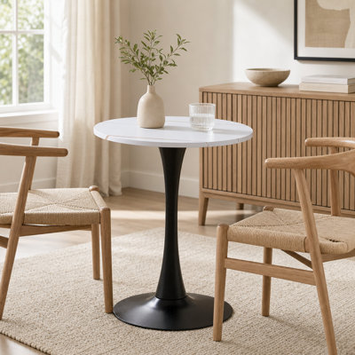 Table ronde de salle à manger de 60,3 cm (23,72 pouces) de diamètre, style tulipe, avec plateau épais et pied en métal, idéale pour la cuisine et le salon.