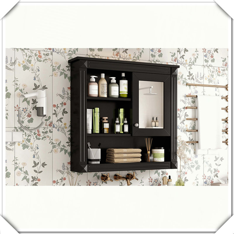 Armoire à pharmacie murale avec miroir et 4 tablettes réglables, Noir