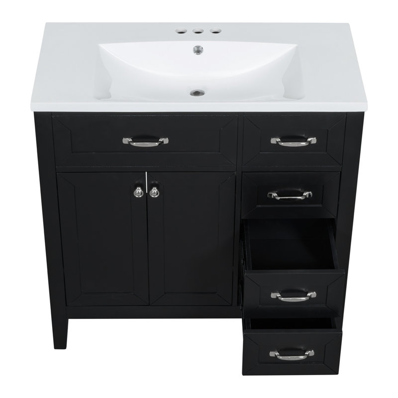 Armoire de salle de bain 36 po avec lavabo 36 po avec tiroirs, structure solide et panneau de fibres à densité moyenne, Noir