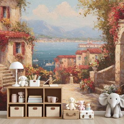 Papier peint à peler et coller, Italie, Méditerranée, Toscane, côte, fleurs, paysage, peintures murales, décor mural, H 69 po x l 96 po, papier peint amovible en PVC, adhésif mural pour chambre à coucher, bureau à domicile