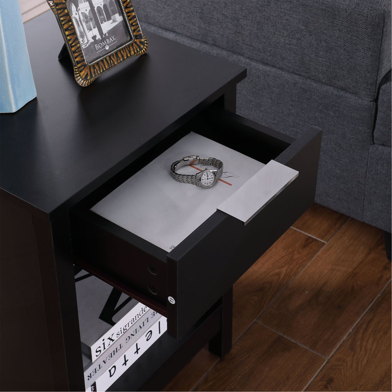 Table de chevet avec tiroir, table de bout à 3 niveaux avec tiroir de rangement et tablette, table de chevet moderne pour chambre à coucher, salon - noir rétro