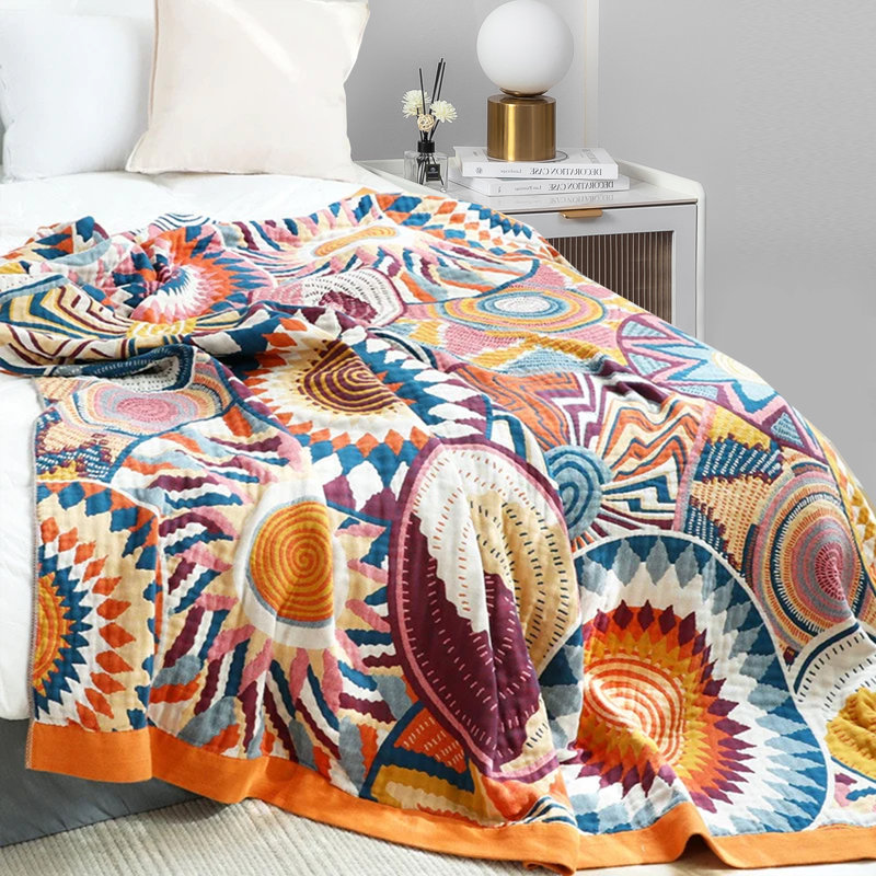 Throw Blanket 100% Cotton Boho, Orange//Multicolored