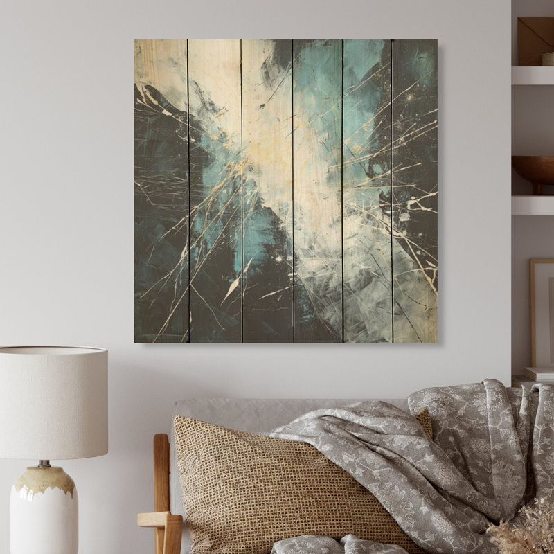 Marbre noir et bleu orage sur bois de pin naturel, H 15 po x l 15 po