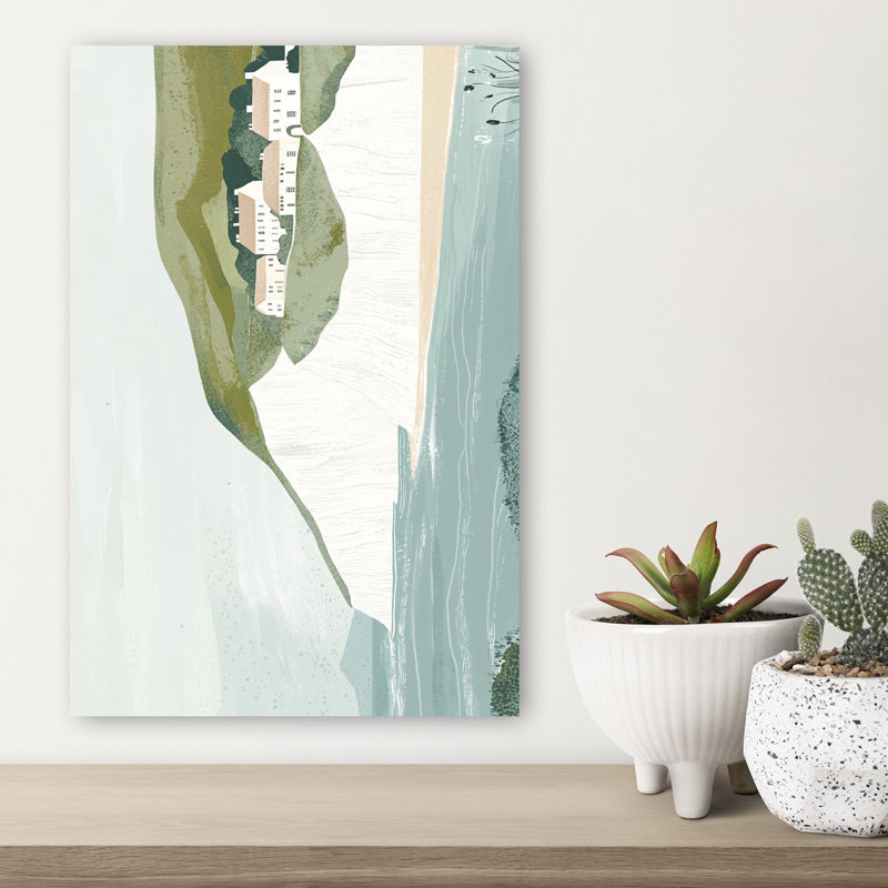 Coastal Homes On Green Hills Serene Tranquil Abstract Coastal Wall Art Print 1 Piece Wrapped Canvas Wall Art