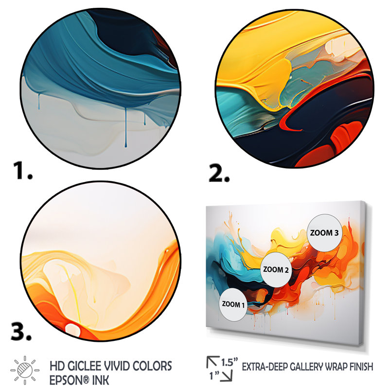 «Yellow Fractal Paint Wave Expression 7», art mural abstrait, H 30 po x l 40 po x P 1,5 po, Cadre doré à coins fermés