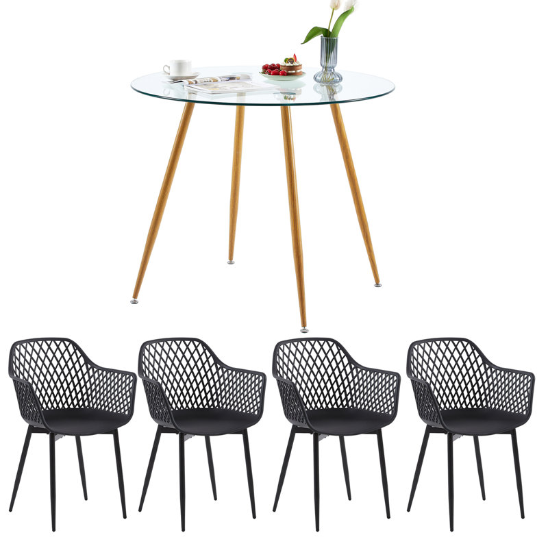 Ensemble de table de salle à manger élégant 5 pièces, table de salle à manger en verre et 4 chaises en plastique (chêne et noir)