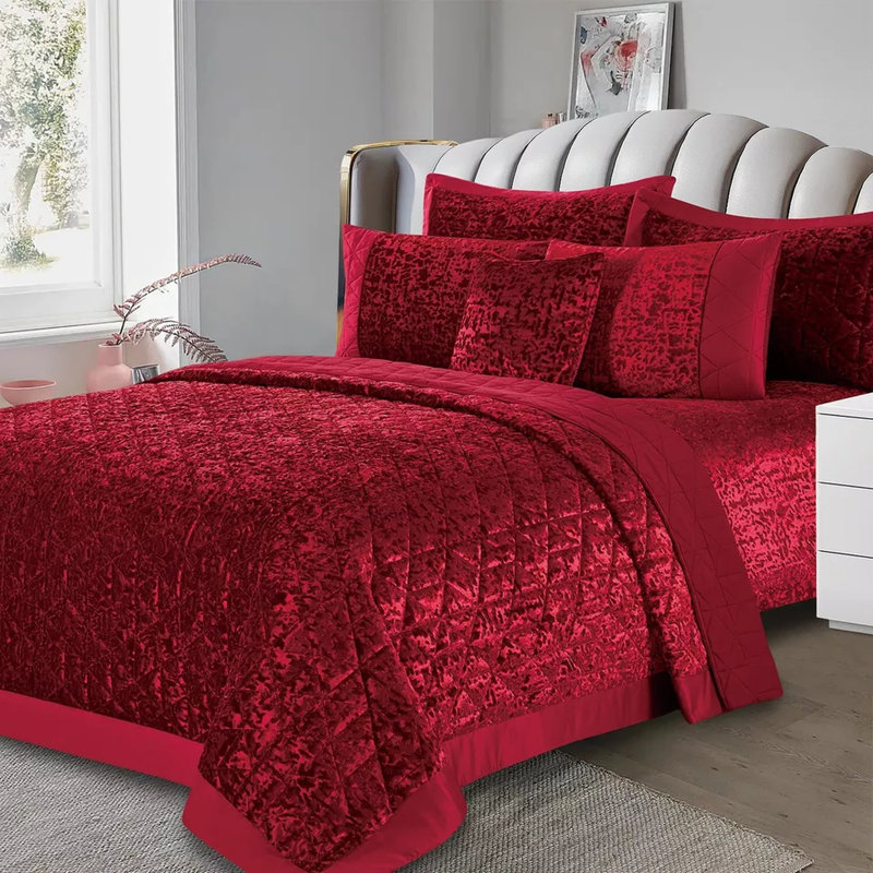 Velvet Plush Crushed Velvet Quilted Coverlet Set – Soft Microfiber Backing, Red, King Bedspread + Pillowshams