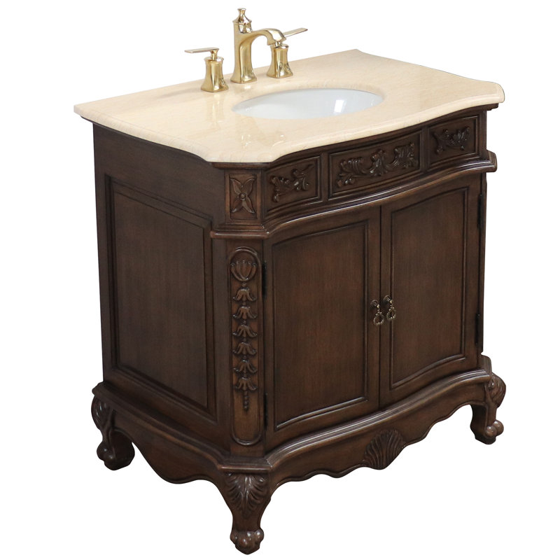 Walnut Wood Single Bathroom Vanity with Cream Marble Top