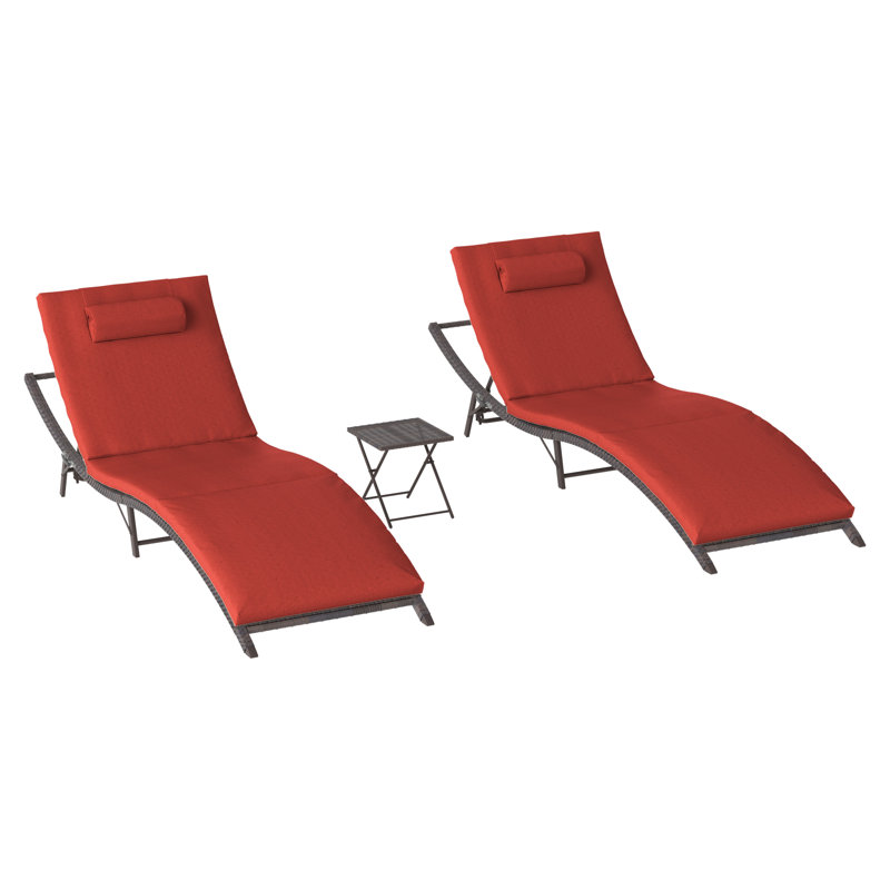2-Piece Foldable "S"-Shaped Reclining Chaise Lounge Set With Adjustable Backrest And Foldable Rattan Coffee Table, Red