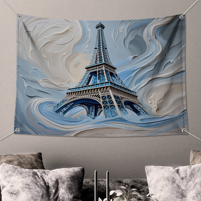 Tapisserie murale Tour Eiffel - Décoration murale architecture, H 68 po x l 80 po avec 4 œillets