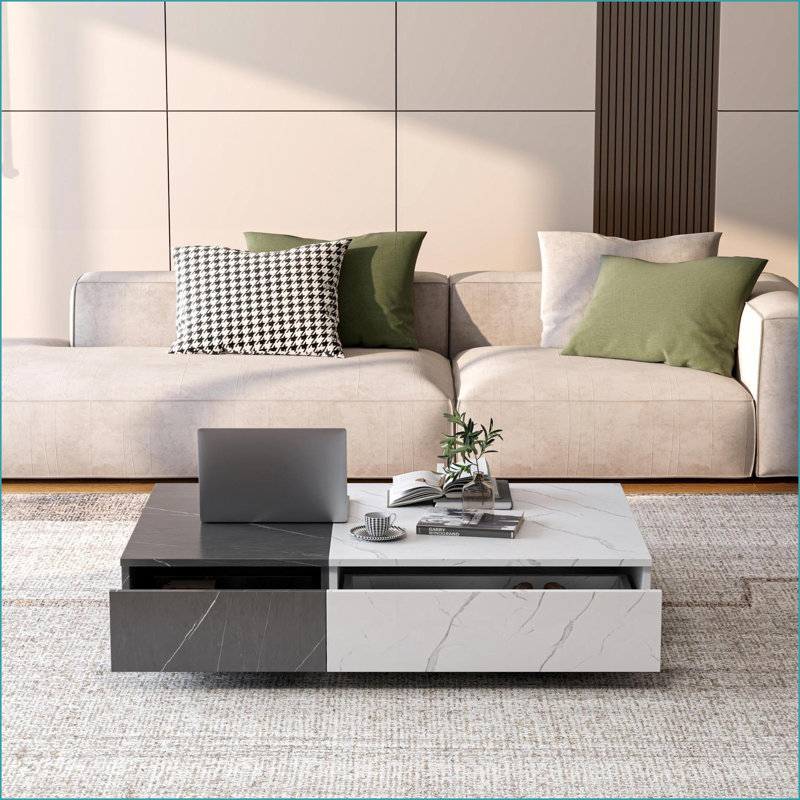 Noir et noir Table basse en marbre blanc avec 2 espaces de rangement, peu encombrante pour le salon