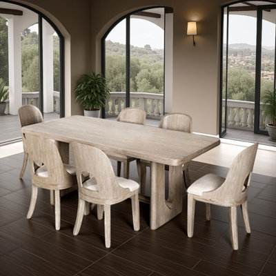 Zoko 7Pc Dining Table Set, Polyester Cushion Seats, Wash Wood