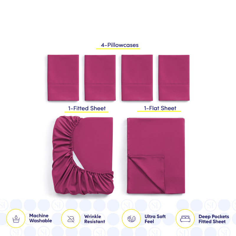 Luxurious Soft Microfiber Sheet Set with Bonus Pillowcases, Full Sheet Set with 4 Pillowcases, Fuchsia