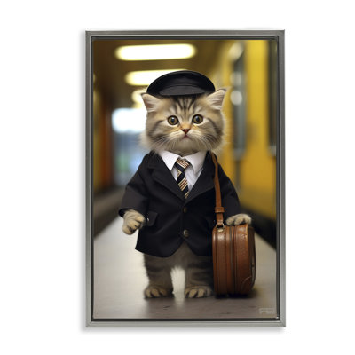 Traveler Kitten & Briefcase Gold Framed Floater Canvas by Roozbeh Bahramali