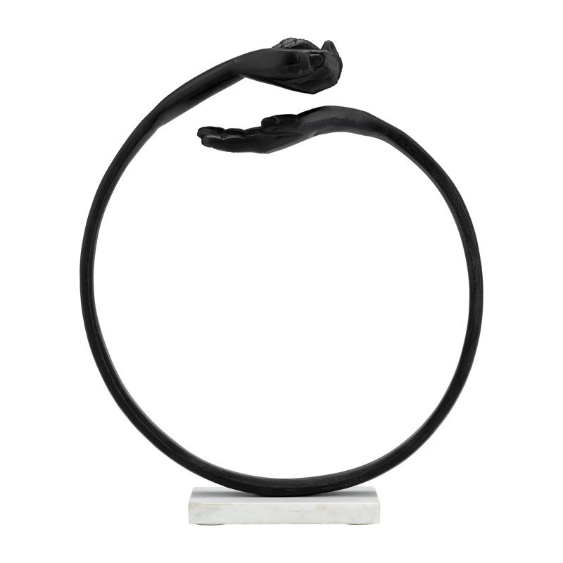 Arbelaez Modern Black Metal Hand Sculpture with Circular Design on White Marble Base 15" for Living Room or Office Decor