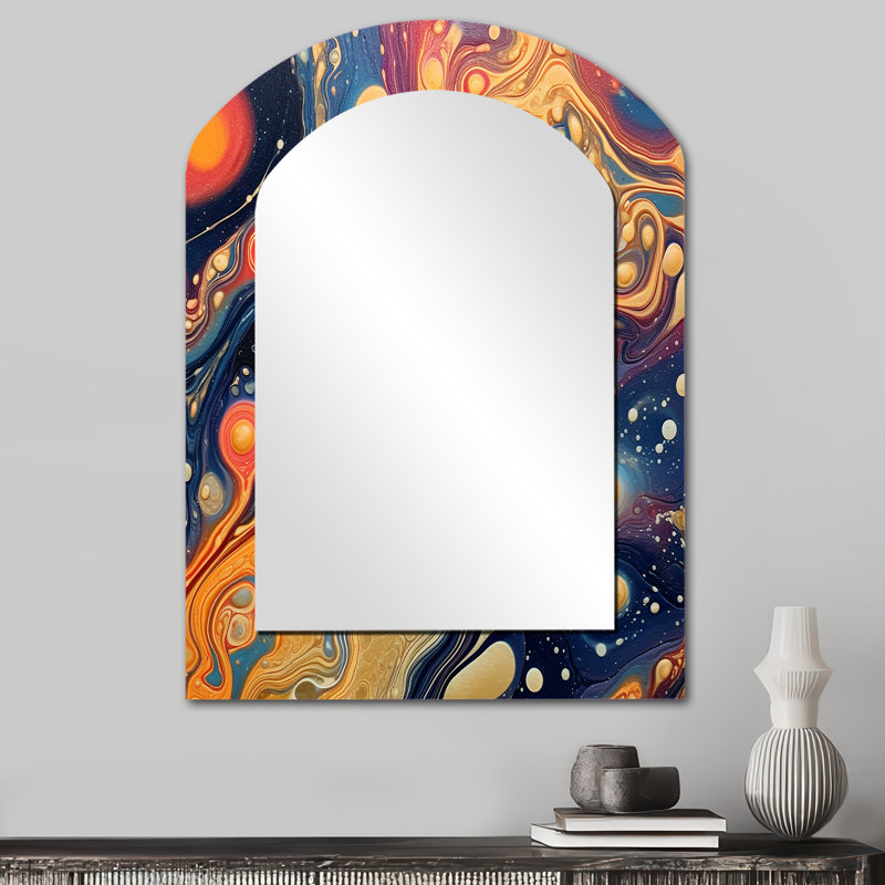 Orange orange bleu galactique II - miroir décoratif arche Comets, miroir mural asymétrique moderne, impression d'art en métal