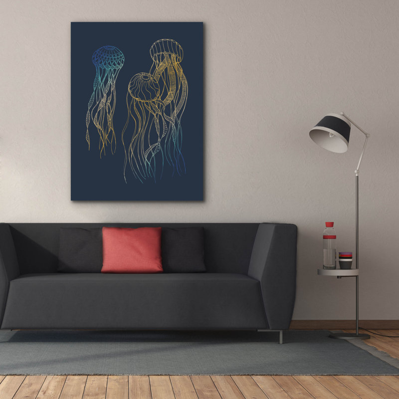 «Wallife Blue and Gold Jellyfishes» par Sabrina Balbuena, art mural épique sur toile, 40 po x 54 po