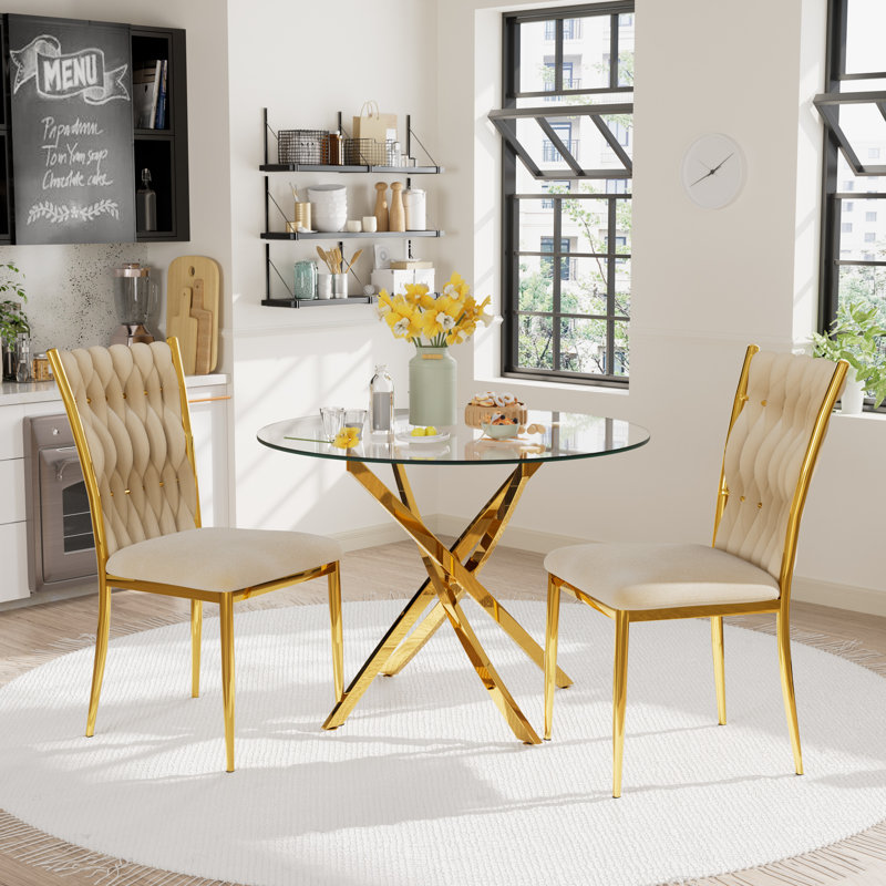 Glass Round Dining Table Set with Luxury Velvet Upholstered Dining Chairs, 3 Pieces: Table, 2 Chairs, Beige