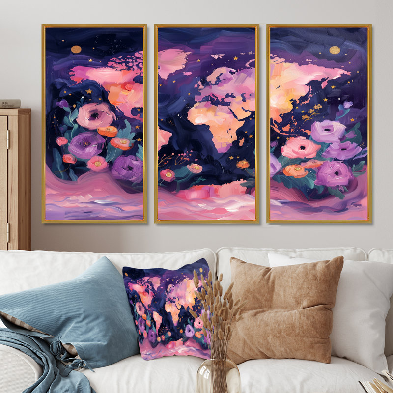 Carte mauve rose du monde Blooms II, Toile avec cadre flottant or, H 12 po x l 28 po x P 1 po