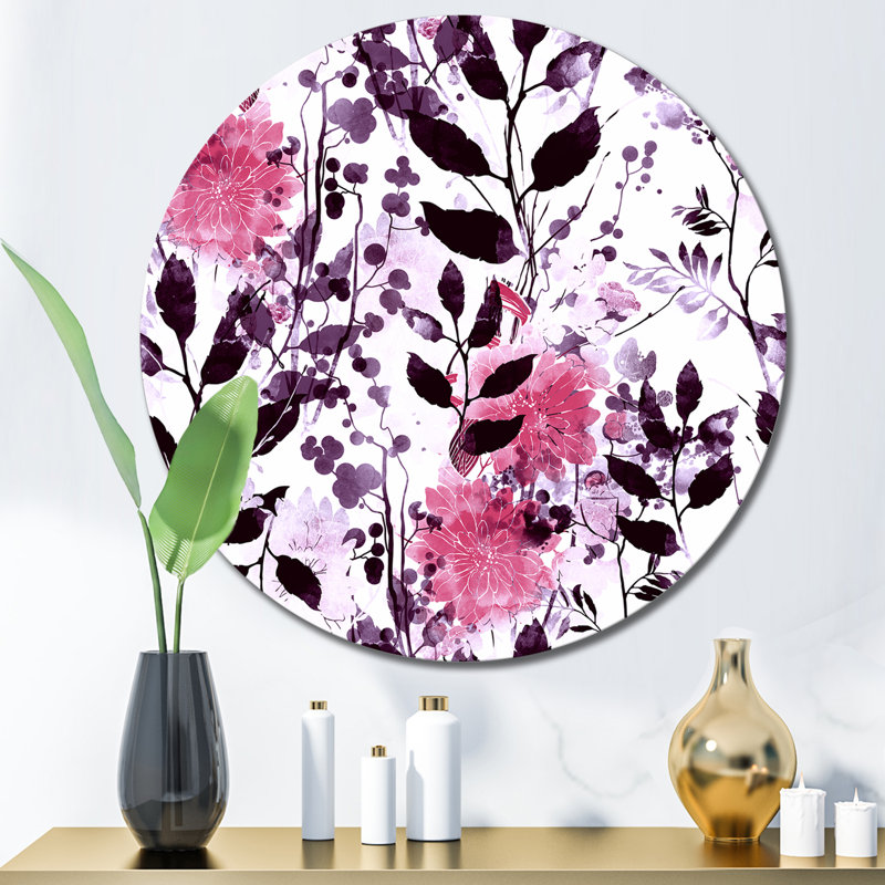 Rose et feuilles noires sur fond blanc, H 23 po x l 23 po
